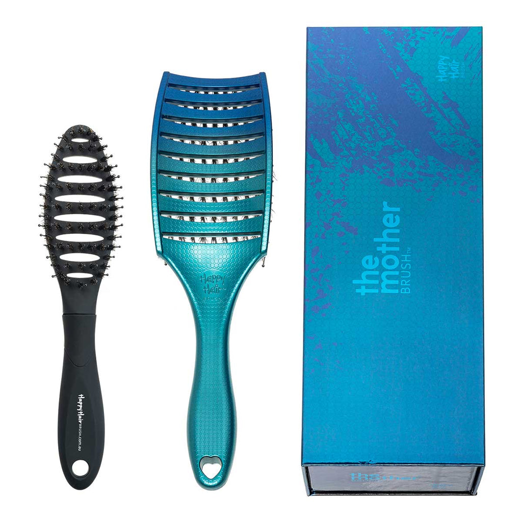 Happy Hair Brush Teal/Blue - Black Mini Mother & Mini Brush Combo