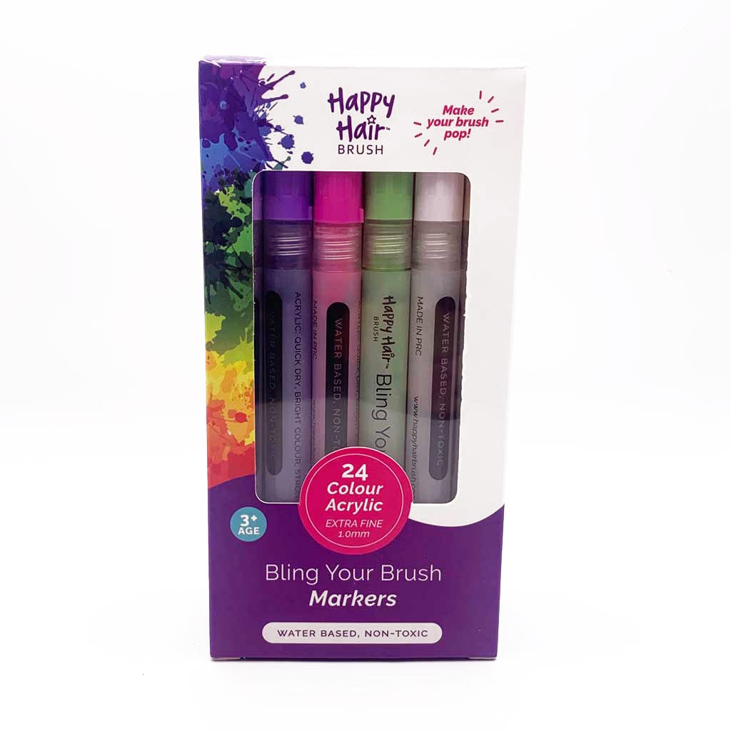 Happy Hair Brush Craft Decoration Makers Bling your Brush Acrylic Rainbow Markers 24Pk